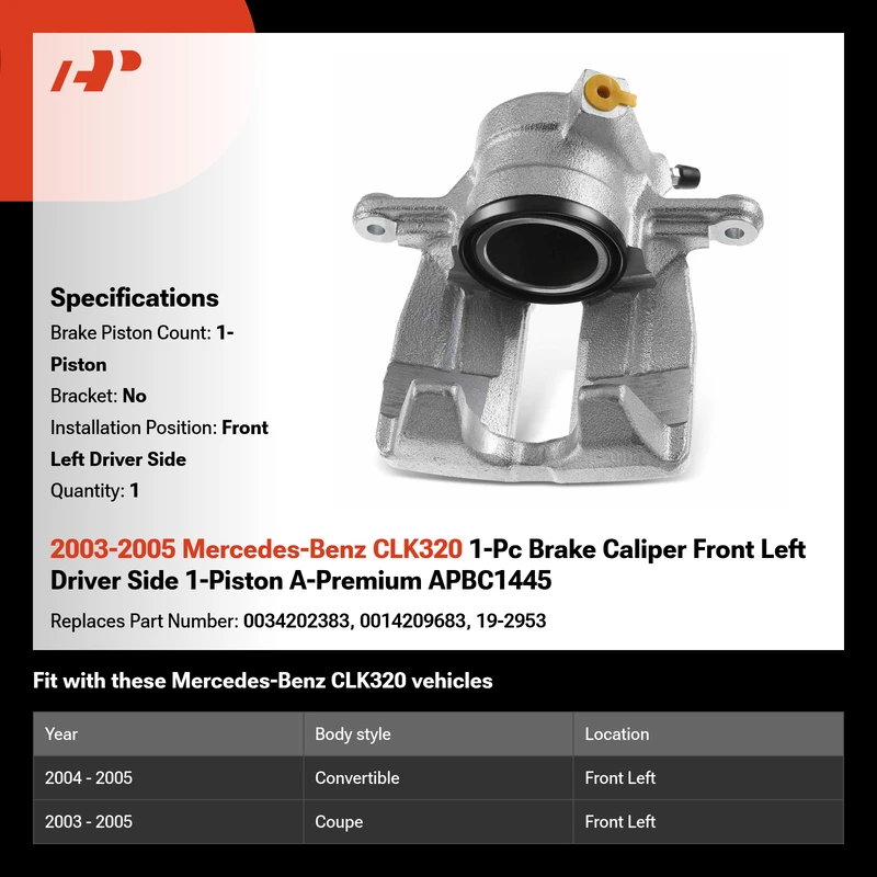 2003-2005 Mercedes-Benz CLK320 1-Pc Brake Caliper Front Left Driver Side 1-Piston A-Premium APBC1445