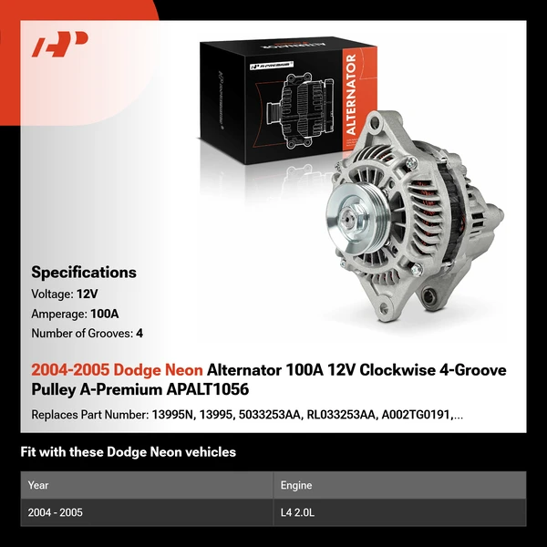 2004-2005 Dodge Neon Alternator 100A 12V Clockwise 4-Groove Pulley A-Premium APALT1056
