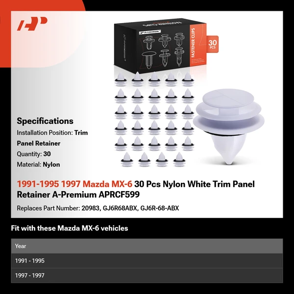 1991-1995 1997 Mazda MX-6 30 Pcs Nylon White Trim Panel Retainer A-Premium APRCF599