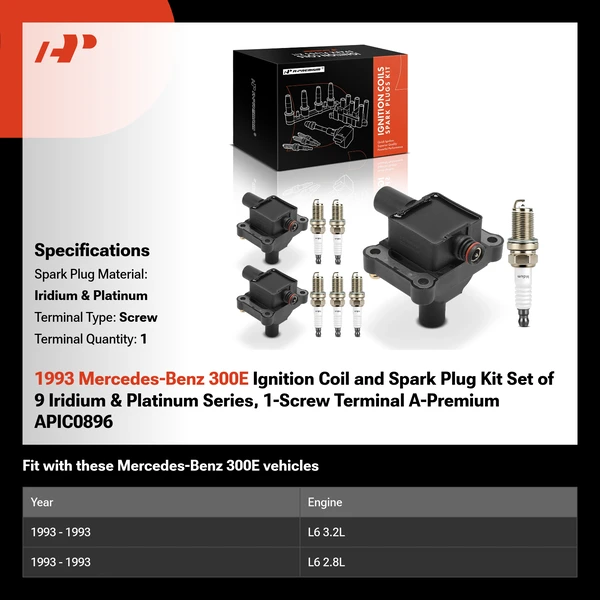 1993 Mercedes-Benz 300E Ignition Coil and Spark Plug Kit Set of 9 Iridium & Platinum Series, 1-Screw Terminal A-Premium APIC0896