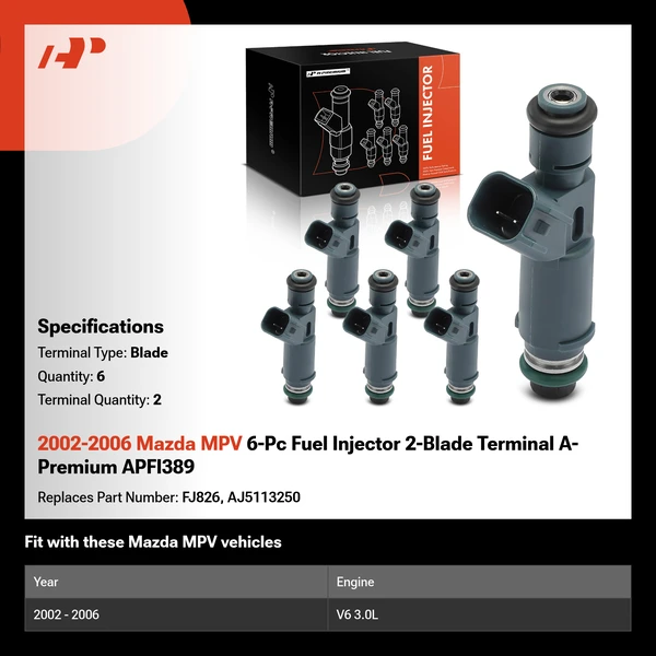 2002-2006 Mazda MPV 6-Pc Fuel Injector 2-Blade Terminal A-Premium APFI389
