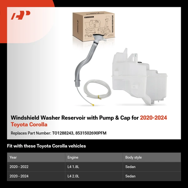 Windshield Washer Reservoir with Pump & Cap for 2020-2024 Toyota Corolla