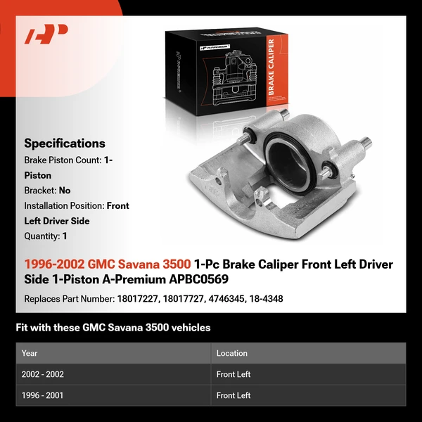 1996-2002 GMC Savana 3500 1-Pc Brake Caliper Front Left Driver Side 1-Piston A-Premium APBC0569