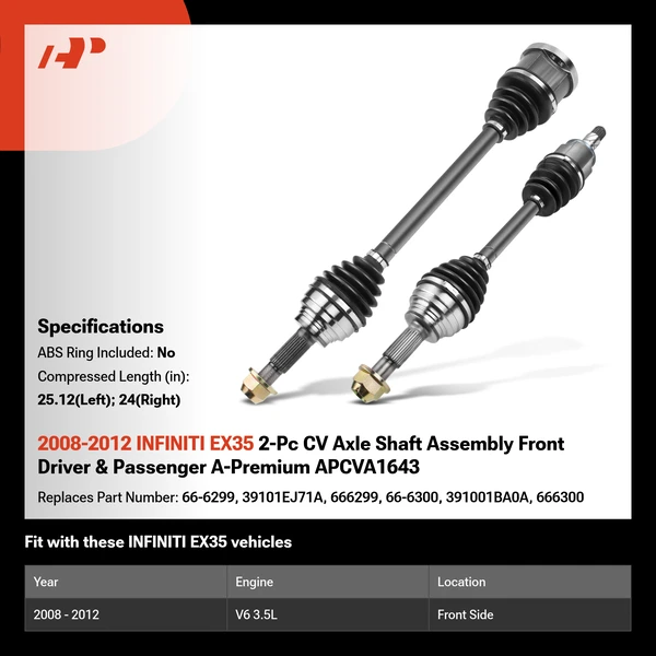 2008-2012 INFINITI EX35 2-Pc CV Axle Shaft Assembly Front Driver & Passenger A-Premium APCVA1643
