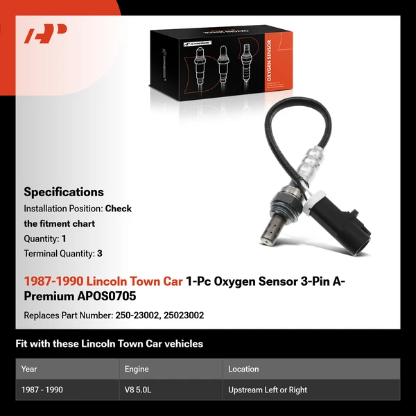 1987-1990 Lincoln Town Car 1-Pc Oxygen Sensor 3-Pin A-Premium APOS0705