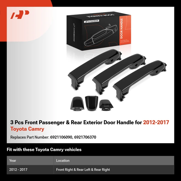 3 Pcs Front Passenger & Rear Exterior Door Handle for 2012-2017 Toyota Camry