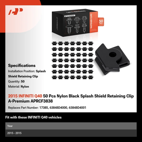 2015 INFINITI Q40 50 Pcs Nylon Black Splash Shield Retaining Clip A-Premium APRCF3838