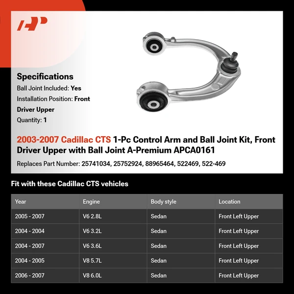 2003-2007 Cadillac CTS 1-Pc Control Arm and Ball Joint Kit, Front Driver Upper with Ball Joint A-Premium APCA0161