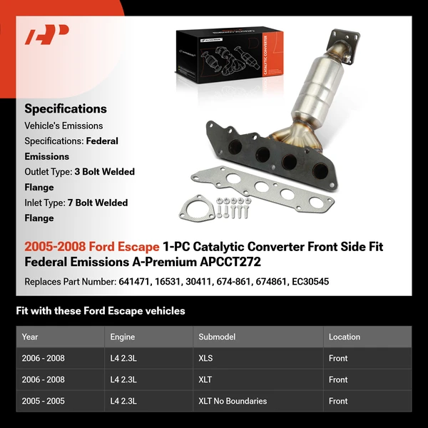 2005-2008 Ford Escape 1-PC Catalytic Converter Front Side Fit Federal Emissions A-Premium APCCT272