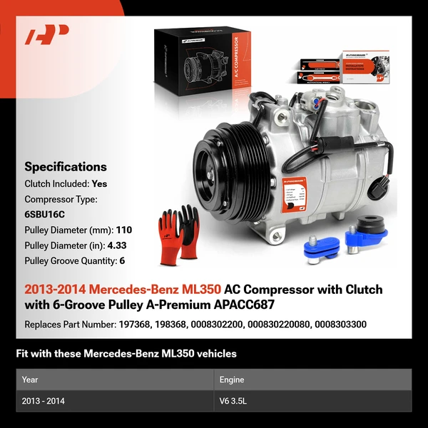 2013-2014 Mercedes-Benz ML350 AC Compressor with Clutch with 6-Groove Pulley A-Premium APACC687