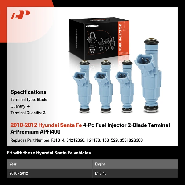 2010-2012 Hyundai Santa Fe 4-Pc Fuel Injector 2-Blade Terminal A-Premium APFI400