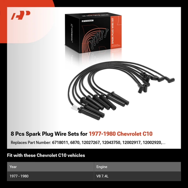 8 Pcs Spark Plug Wire Sets for 1977-1980 Chevrolet C10