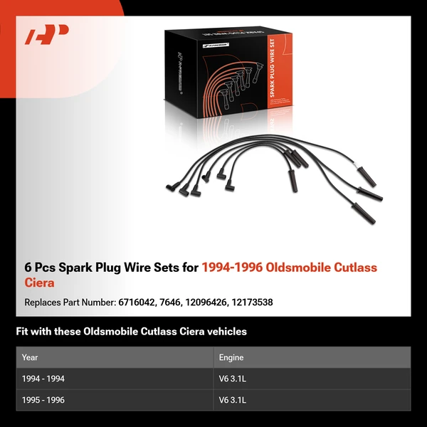 6 Pcs Spark Plug Wire Sets for 1994-1996 Oldsmobile Cutlass Ciera