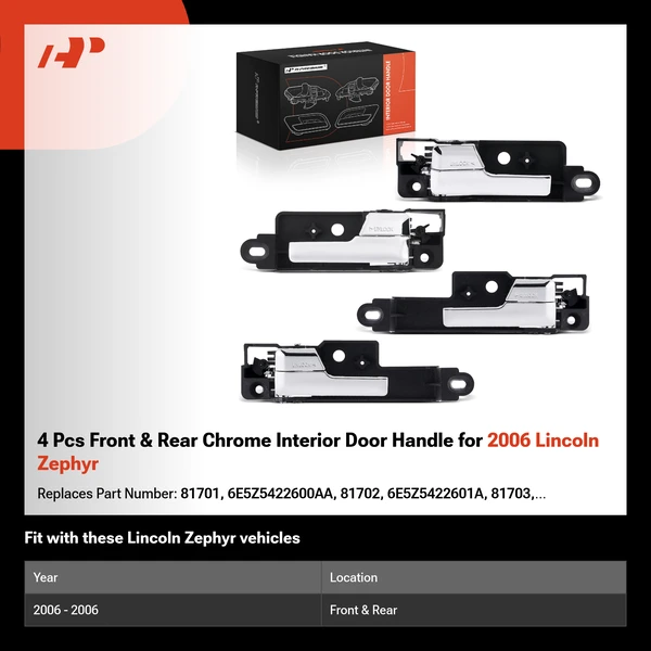 4 Pcs Front & Rear Chrome Interior Door Handle for 2006 Lincoln Zephyr