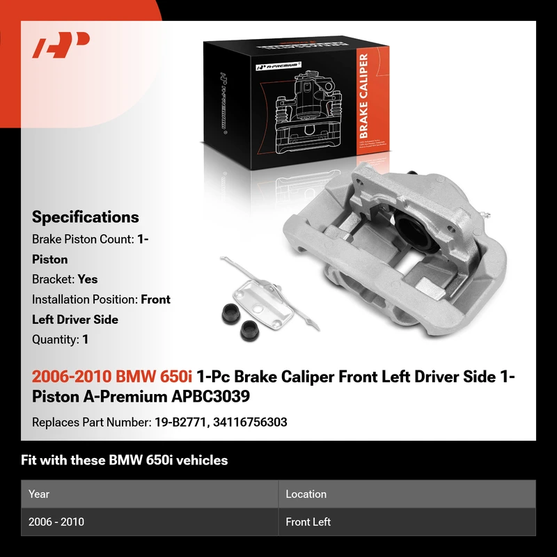 2006-2010 BMW 650i 1-Pc Brake Caliper Front Left Driver Side 1-Piston A-Premium APBC3039