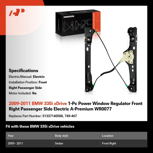 2009-2011 BMW 335i xDrive 1-Pc Power Window Regulator Front Right Passenger Side Electric A-Premium WR0077