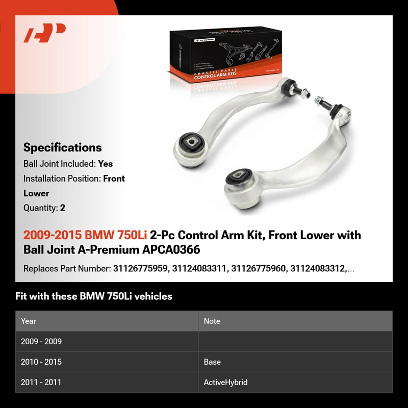 2009-2015 BMW 750Li 2-Pc Control Arm Kit, Front Lower with Ball Joint A-Premium APCA0366