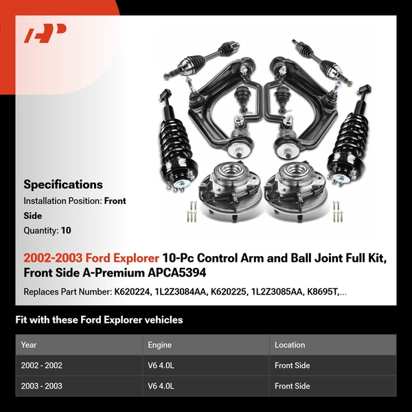 2002-2003 Ford Explorer 10-Pc Control Arm and Ball Joint Full Kit, Front Side A-Premium APCA5394