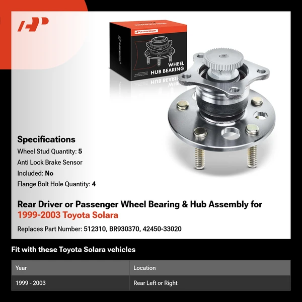 Rear Driver or Passenger Wheel Bearing & Hub Assembly for 1999-2003 Toyota Solara