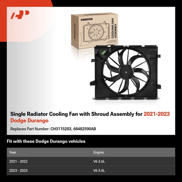 Single Radiator Cooling Fan with Shroud Assembly for 2021-2023 Dodge Durango