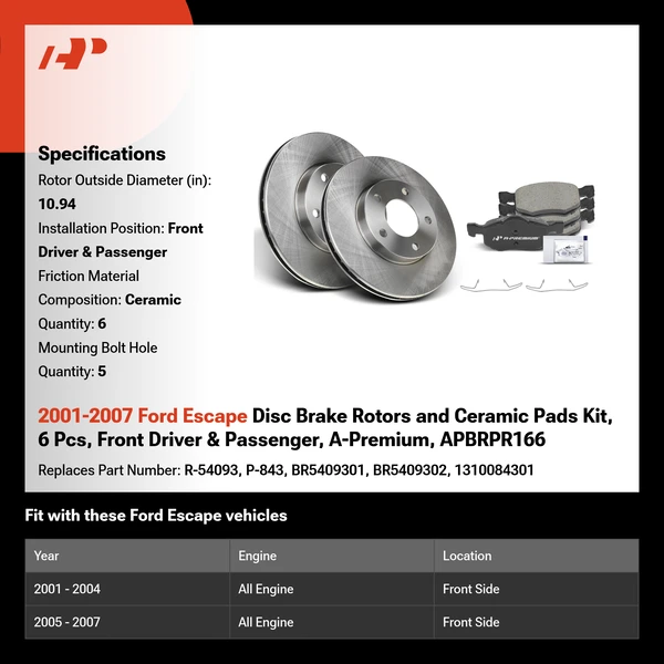 2001-2007 Ford Escape Disc Brake Rotors and Ceramic Pads Kit, 6 Pcs, Front Driver & Passenger, A-Premium, APBRPR166