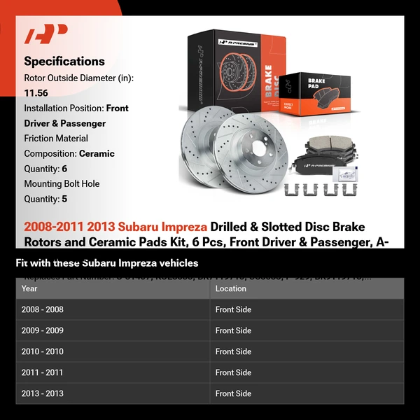 2008-2011 2013 Subaru Impreza Drilled & Slotted Disc Brake Rotors and Ceramic Pads Kit, 6 Pcs, Front Driver & Passenger, A-Premium, APBRPS055