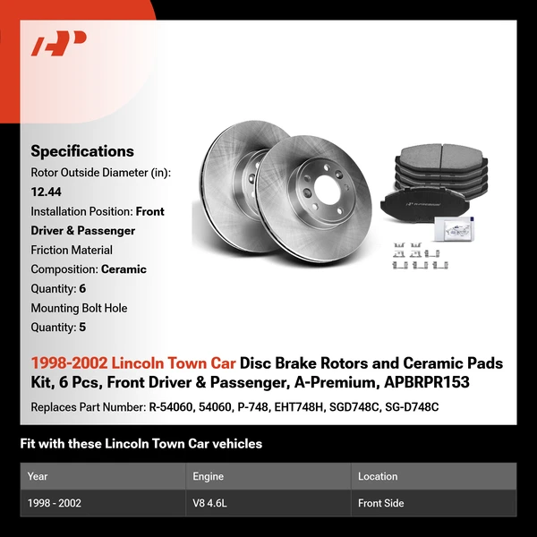 1998-2002 Lincoln Town Car Disc Brake Rotors and Ceramic Pads Kit, 6 Pcs, Front Driver & Passenger, A-Premium, APBRPR153