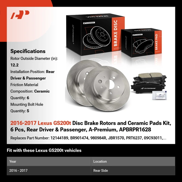2016-2017 Lexus GS200t Disc Brake Rotors and Ceramic Pads Kit, 6 Pcs, Rear Driver & Passenger, A-Premium, APBRPR1628