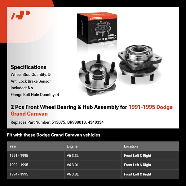 2 Pcs Front Wheel Bearing & Hub Assembly for 1991-1995 Dodge Grand Caravan