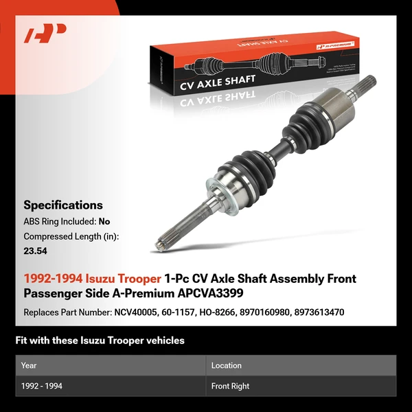 1992-1994 Isuzu Trooper 1-Pc CV Axle Shaft Assembly Front Passenger Side A-Premium APCVA3399