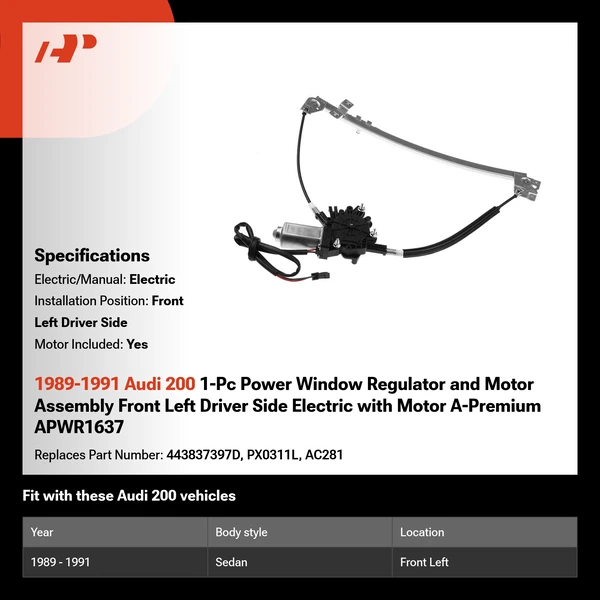 1989-1991 Audi 200 1-Pc Power Window Regulator and Motor Assembly Front Left Driver Side Electric with Motor A-Premium APWR1637