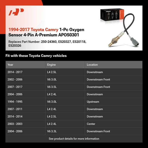 1994-2017 Toyota Camry 1-Pc Oxygen Sensor 4-Pin A-Premium APOS0301