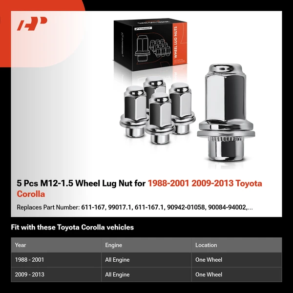 5 Pcs M12-1.5 Wheel Lug Nut for 1988-2001 2009-2013 Toyota Corolla