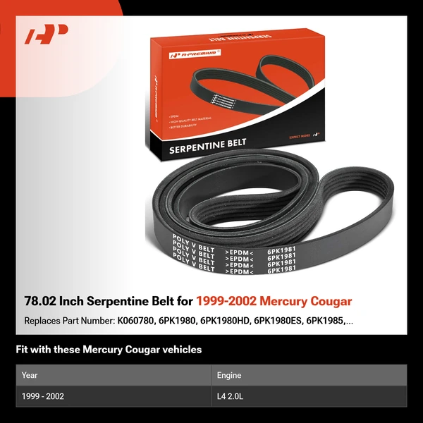 78.02 Inch Serpentine Belt for 1999-2002 Mercury Cougar