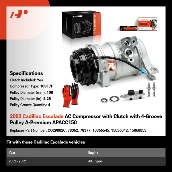 2002 Cadillac Escalade AC Compressor with Clutch with 4-Groove Pulley A-Premium APACC150