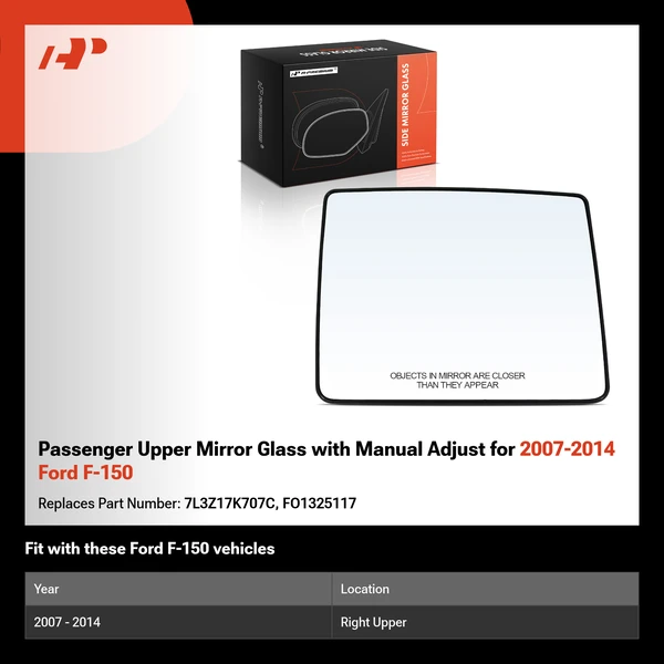 Passenger Upper Mirror Glass with Manual Adjust for 2007-2014 Ford F-150