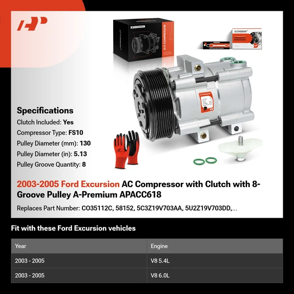 2003-2005 Ford Excursion AC Compressor with Clutch with 8-Groove Pulley A-Premium APACC618