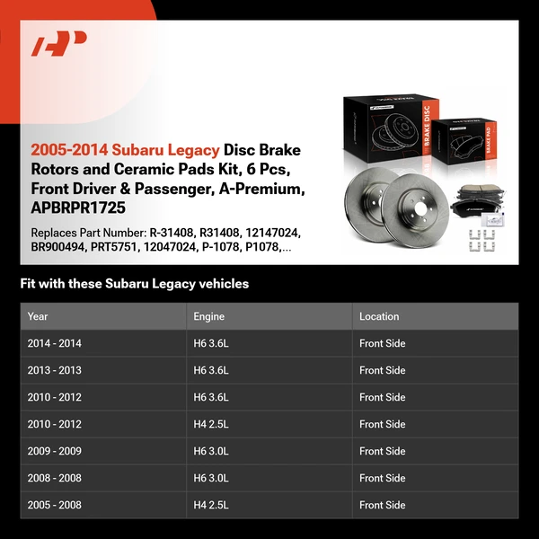 2005-2014 Subaru Legacy Disc Brake Rotors and Ceramic Pads Kit, 6 Pcs, Front Driver & Passenger, A-Premium, APBRPR1725