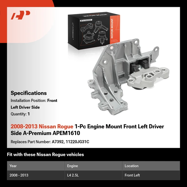 2008-2013 Nissan Rogue 1-Pc Engine Mount Front Left Driver Side A-Premium APEM1610