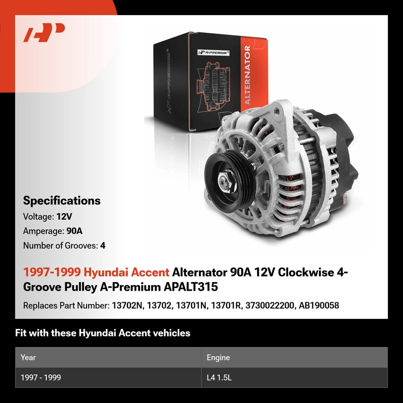 1997-1999 Hyundai Accent Alternator 90A 12V Clockwise 4-Groove Pulley A-Premium APALT315