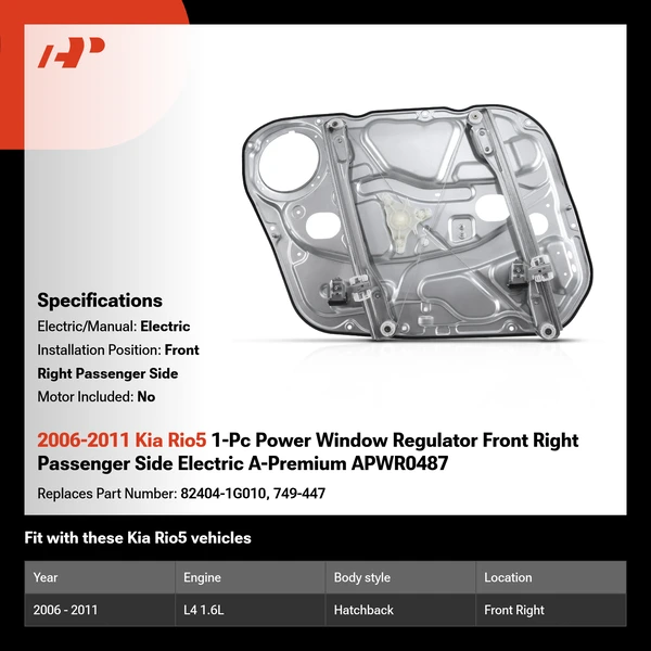 2006-2011 Kia Rio5 1-Pc Power Window Regulator Front Right Passenger Side Electric A-Premium APWR0487