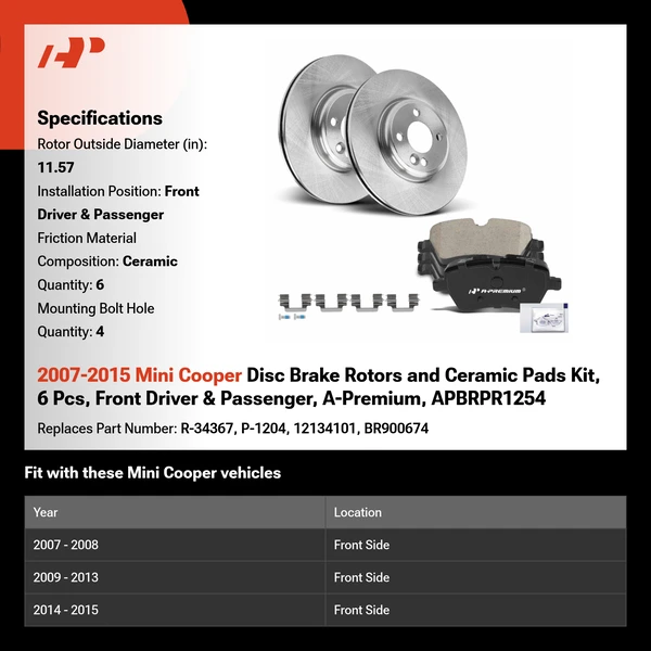 2007-2015 Mini Cooper Disc Brake Rotors and Ceramic Pads Kit, 6 Pcs, Front Driver & Passenger, A-Premium, APBRPR1254