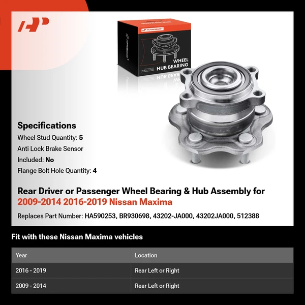 Rear Driver or Passenger Wheel Bearing & Hub Assembly for 2009-2014 2016-2019 Nissan Maxima