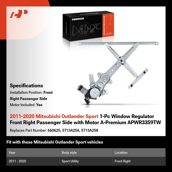 2011-2020 Mitsubishi Outlander Sport 1-Pc Window Regulator Front Right Passenger Side with Motor A-Premium APWR3359TW