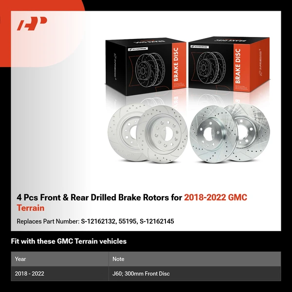4 Pcs Front & Rear Drilled Brake Rotors for 2018-2022 GMC Terrain