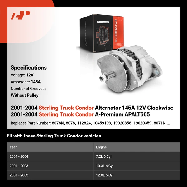 2001-2004 Sterling Truck Condor Alternator 145A 12V Clockwise 2001-2004 Sterling Truck Condor A-Premium APALT505