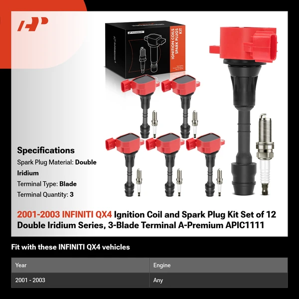 2001-2003 INFINITI QX4 Ignition Coil and Spark Plug Kit Set of 12 Double Iridium Series, 3-Blade Terminal A-Premium APIC1111