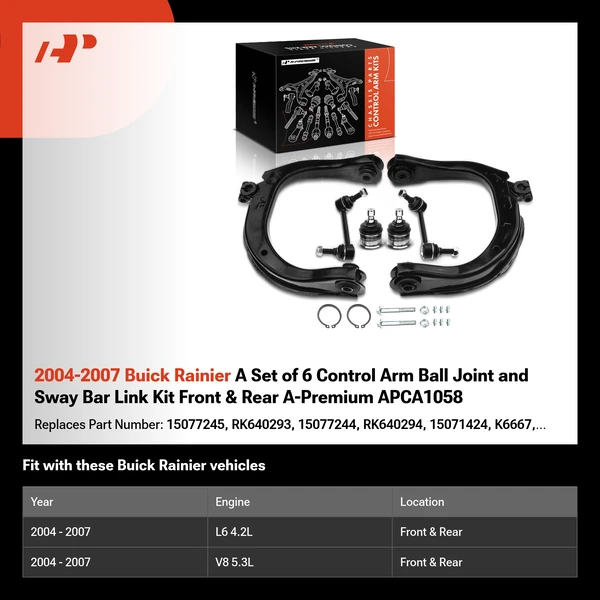 2004-2007 Buick Rainier A Set of 6 Control Arm Ball Joint and Sway Bar Link Kit Front & Rear A-Premium APCA1058