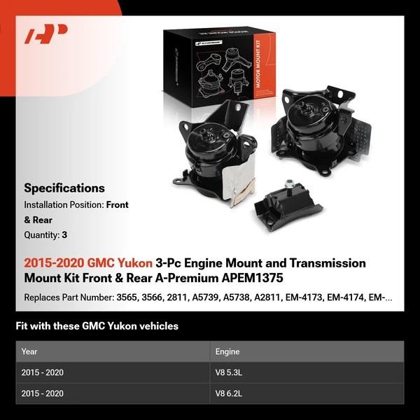 2015-2020 GMC Yukon 3-Pc Engine Mount and Transmission Mount Kit Front & Rear A-Premium APEM1375