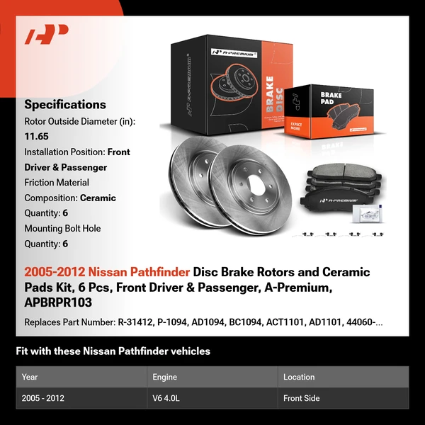 2005-2012 Nissan Pathfinder Disc Brake Rotors and Ceramic Pads Kit, 6 Pcs, Front Driver & Passenger, A-Premium, APBRPR103